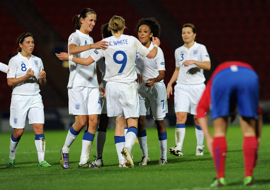 (left-right) Fara Williams, Jill Scott, Jess Clarke and Rachel Unitt congratulate Ellen White (No.9) on her goal against Serbia at Doncaster Rovers' Keepmoat Stadium.